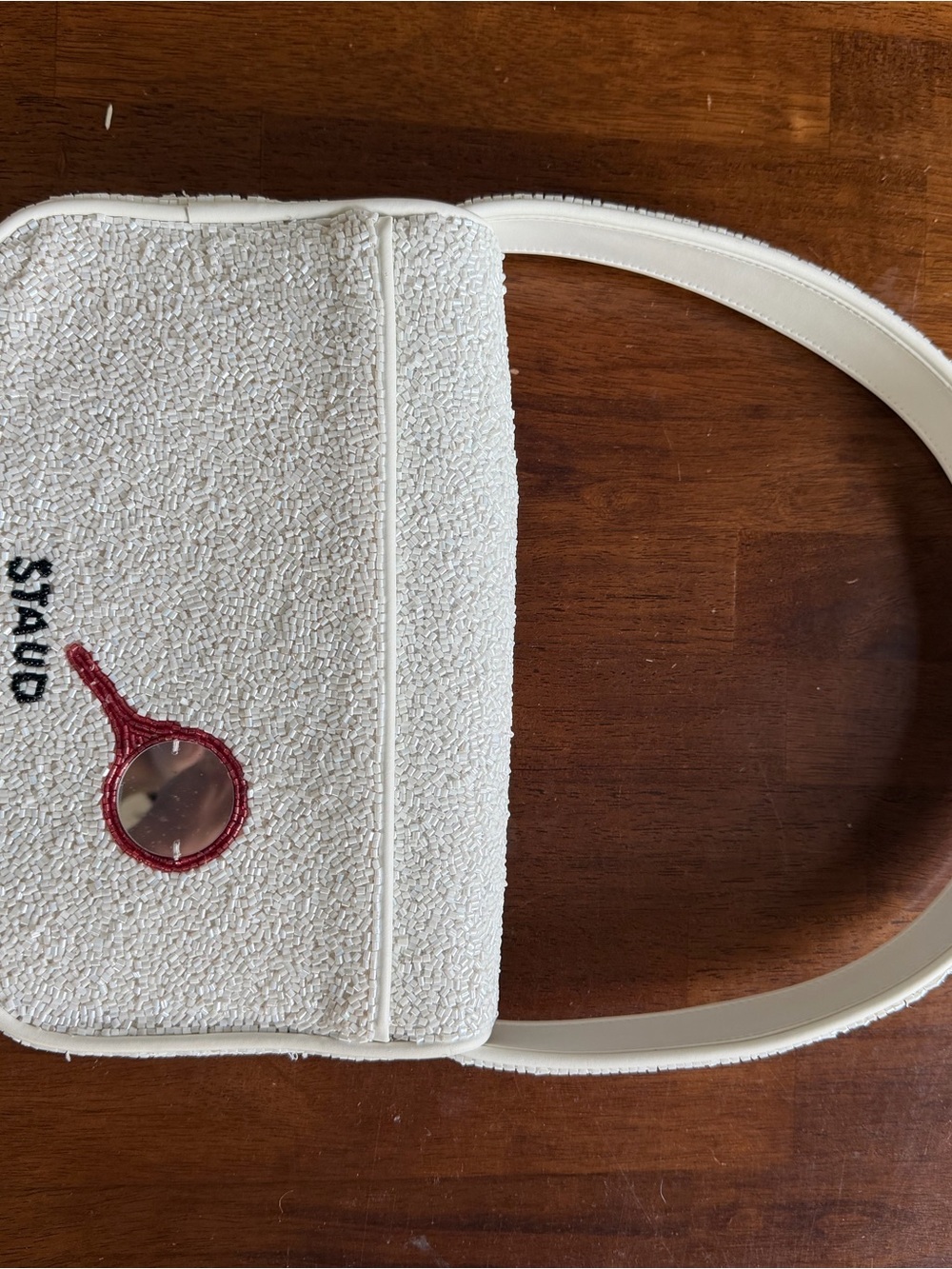 STAUD White Beaded Shoulder Bag with Blue Eye Detail and Red Lips - Picture 4 of 5